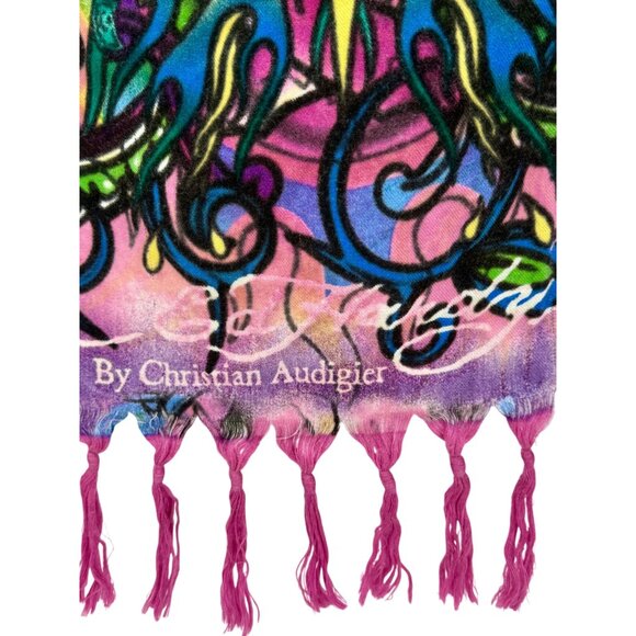 Christian Audigier x Ed Hardy Paisley Print Purple & Pink Fringed Hem Scarf - Picture 5 of 13
